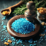 Blue Salt for Men – Blue Himalayan salt crystals on a wooden spoon beside a glass of water.