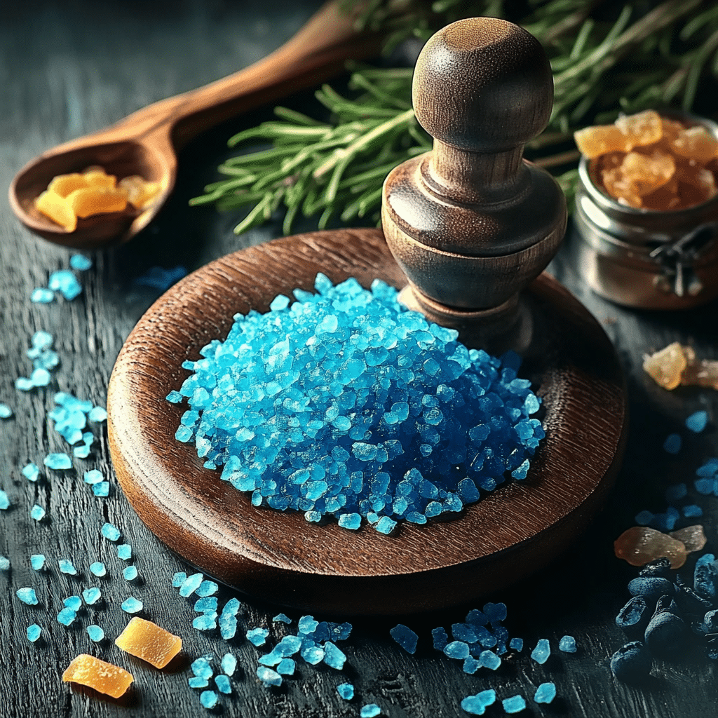 Blue Salt for Men – Blue Himalayan salt crystals on a wooden spoon beside a glass of water.