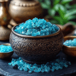 Blue Salt Trick Recipe – Natural blue salt crystals and a glass of water on a wooden table.