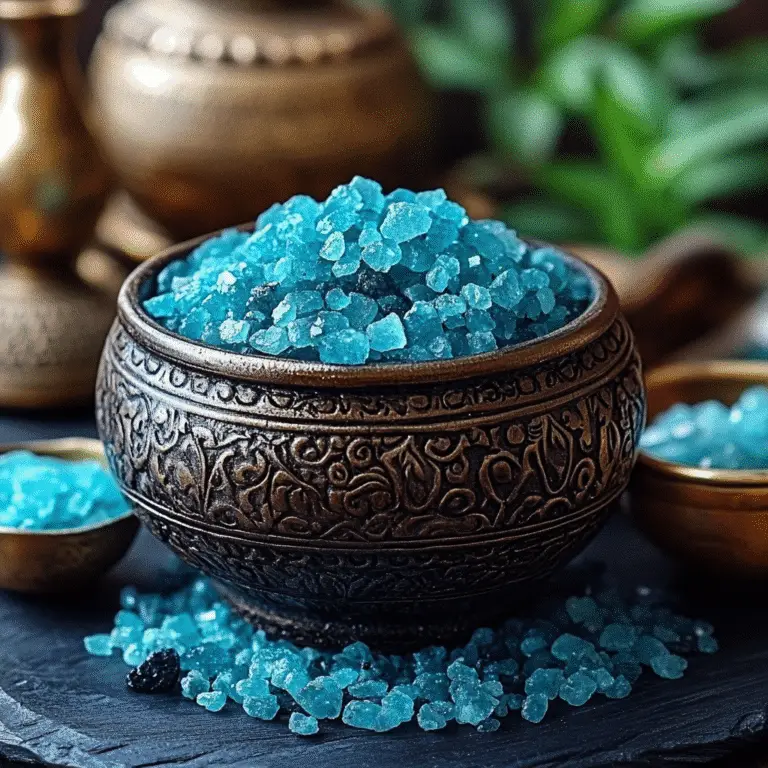 Blue Salt Trick Recipe – Natural blue salt crystals and a glass of water on a wooden table.