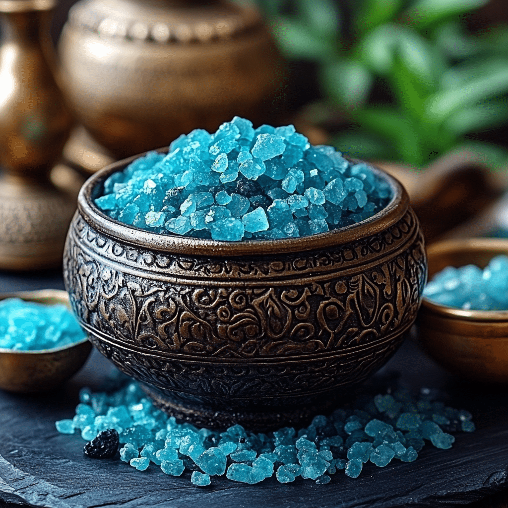 Blue Salt Trick Recipe – Natural blue salt crystals and a glass of water on a wooden table.