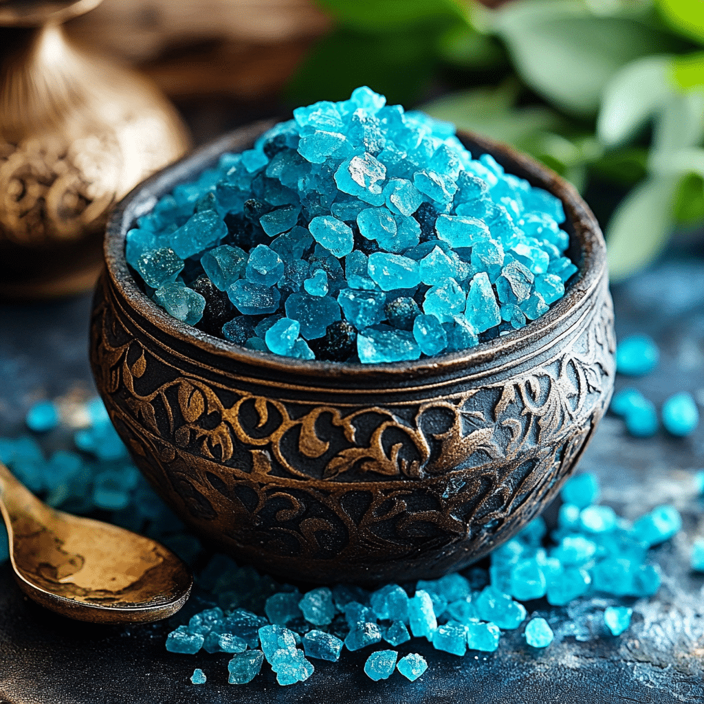 Blue Salt Trick Recipe – Close-up of blue salt being stirred into a glass of water.
