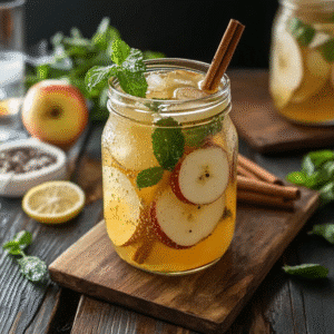Brazilian Mounjaro Recipe with Apple Cider Vinegar – Light herbal drink with lemon, ACV, and ginger root on a wooden board.