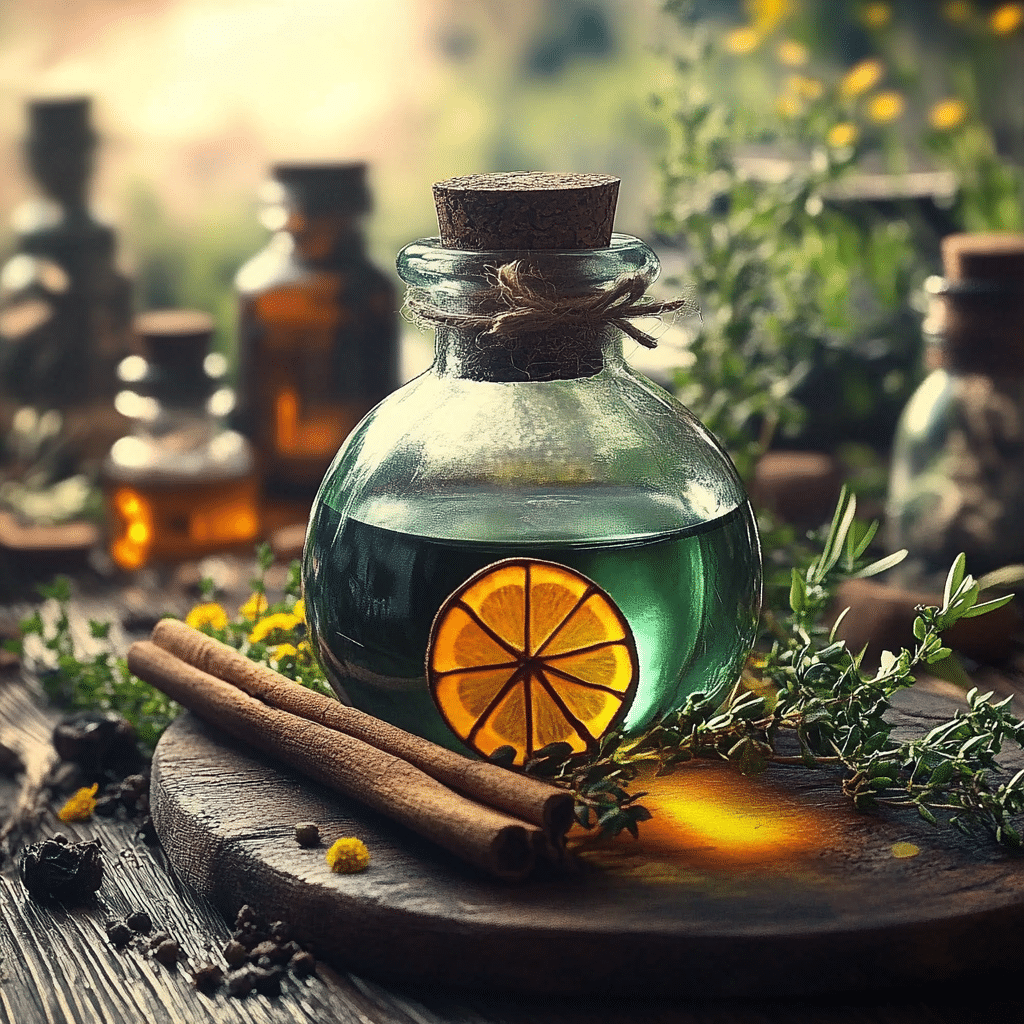 KCD2 Potion Recipes – Alchemy table with potion bottles, dried flowers, and an old recipe book.