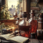 KCD2 Potion Recipes – Medieval potion brewing setup with herbs, vials, and ancient scrolls.