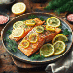 Pink Salt Diet Recipe – Grilled salmon fillet seasoned with Himalayan pink salt and lemon.
