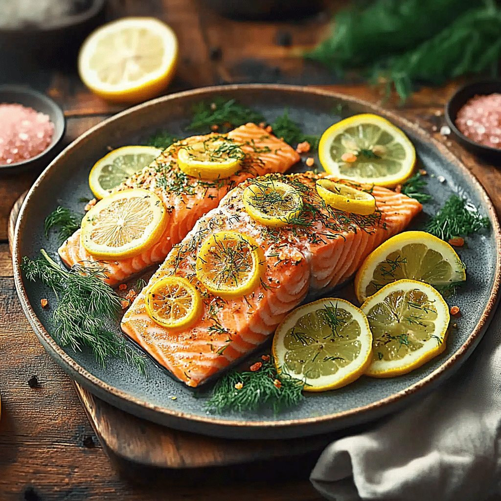 Pink Salt Diet Recipe – Grilled salmon fillet seasoned with Himalayan pink salt and lemon.