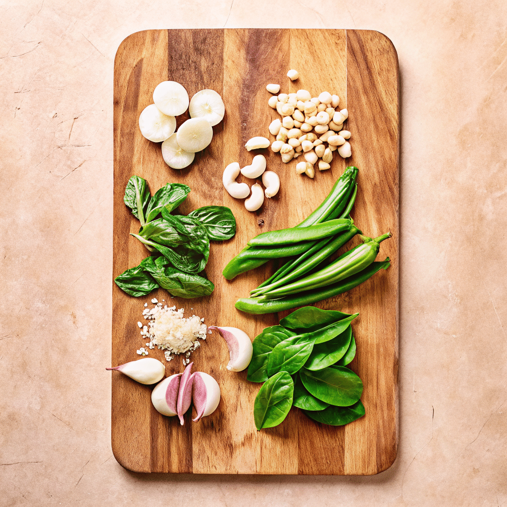 Thai Green Curry Paste – A spoonful of green curry paste next to fresh Thai herbs and spices.