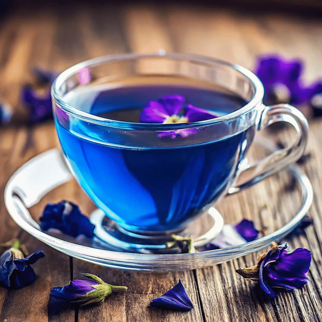Butterfly Pea Flowers – Bright blue herbal tea served in a glass with lemon slices.