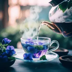 Butterfly Pea Flowers – Powdered form of dried petals in a bowl with a wooden spoon.