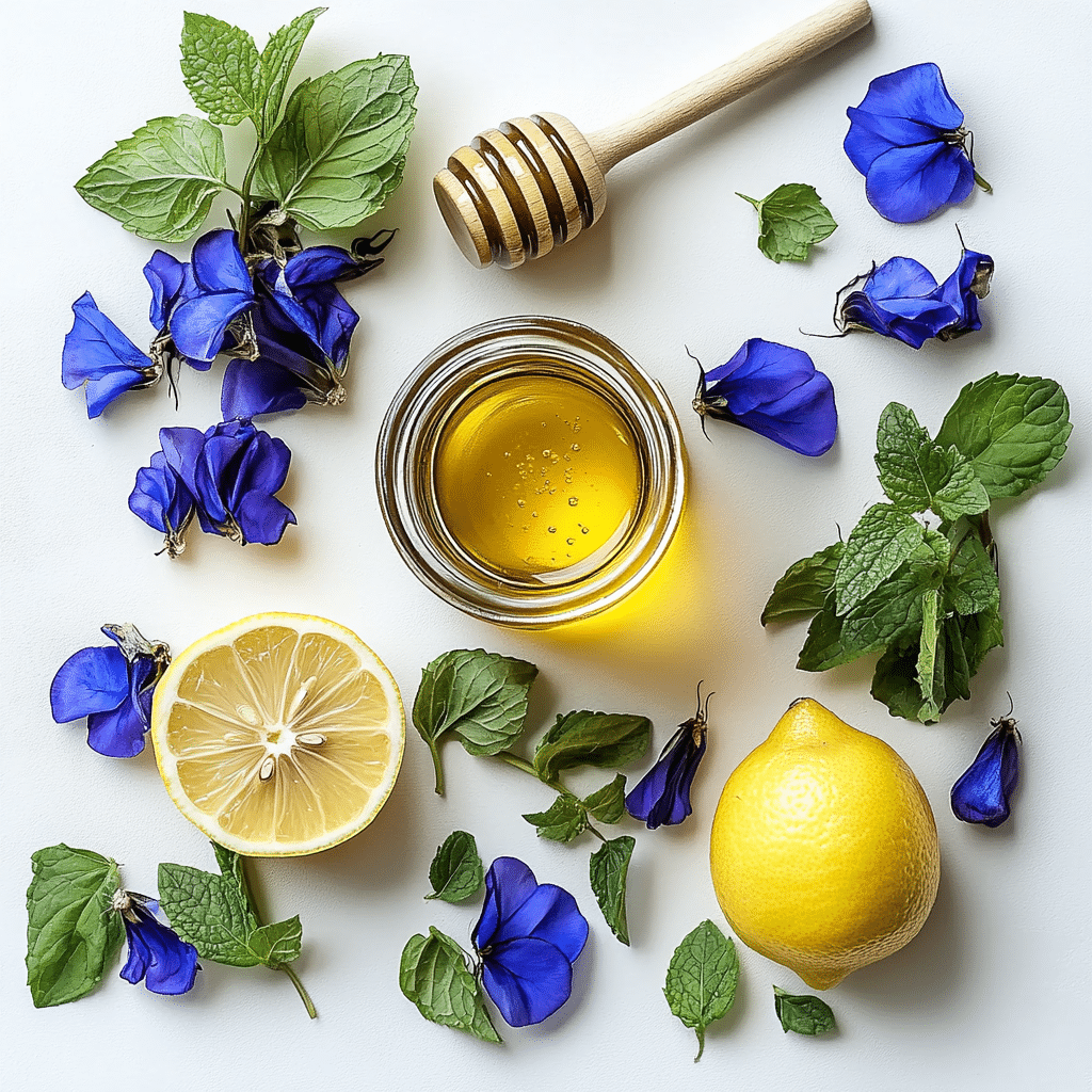 Butterfly Pea Flowers – Dried blue petals arranged on a wooden plate for tea.
