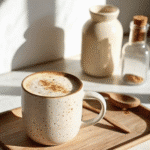 Jennifer Aniston Coffee Loophole Recipe – Woman drinking enhanced coffee during a morning skincare routine.