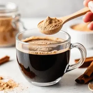 Jennifer Aniston Coffee Loophole Recipe – Flat lay of coffee, collagen powder, coconut oil, and cinnamon.