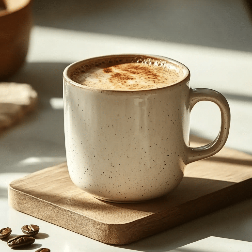 Jennifer Aniston Coffee Loophole Recipe – Collagen coffee with cinnamon and almond milk in a glass mug.