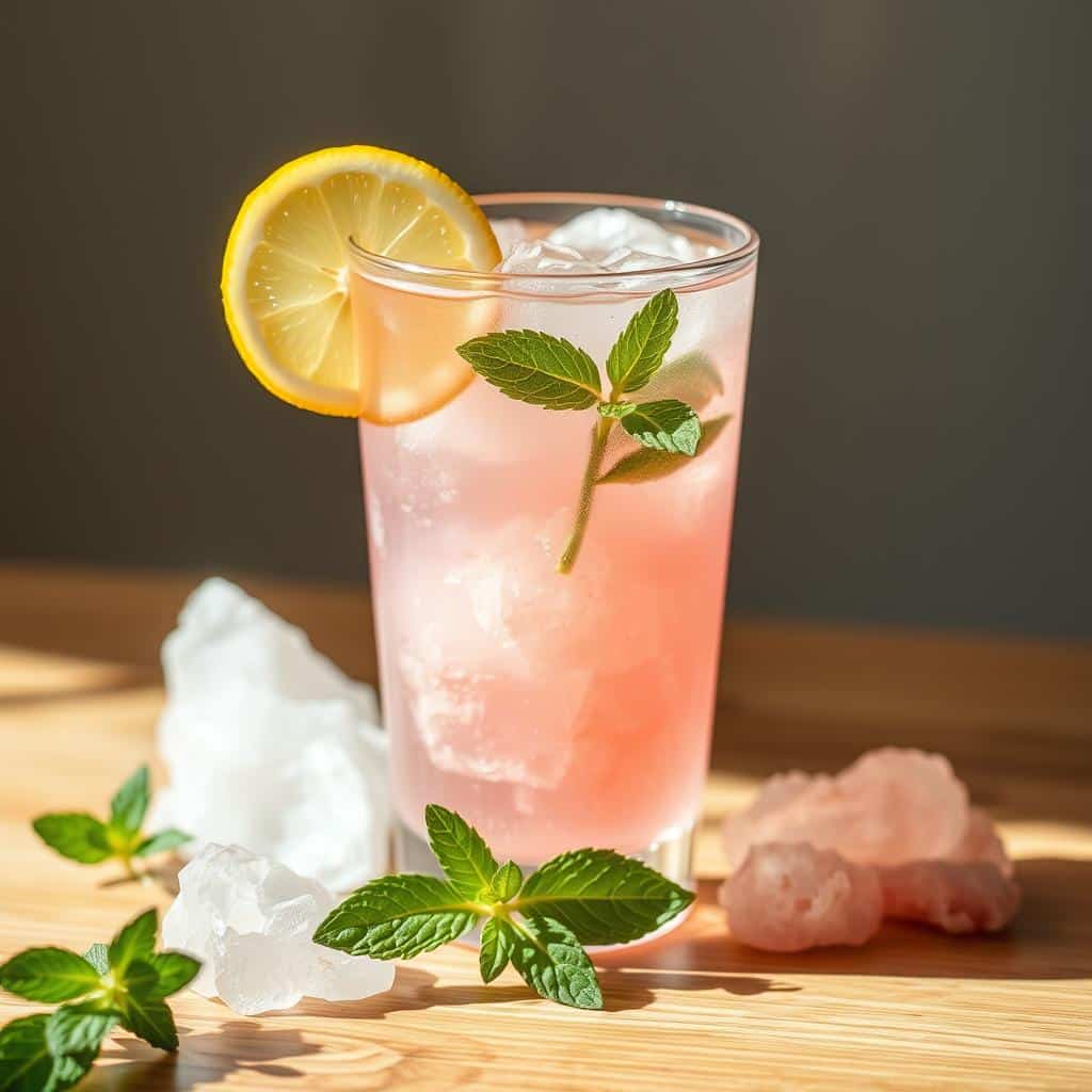 Pink Salt Recipe for Weight Loss – Mason jar filled with lemon-pink salt water and mint, served over ice.