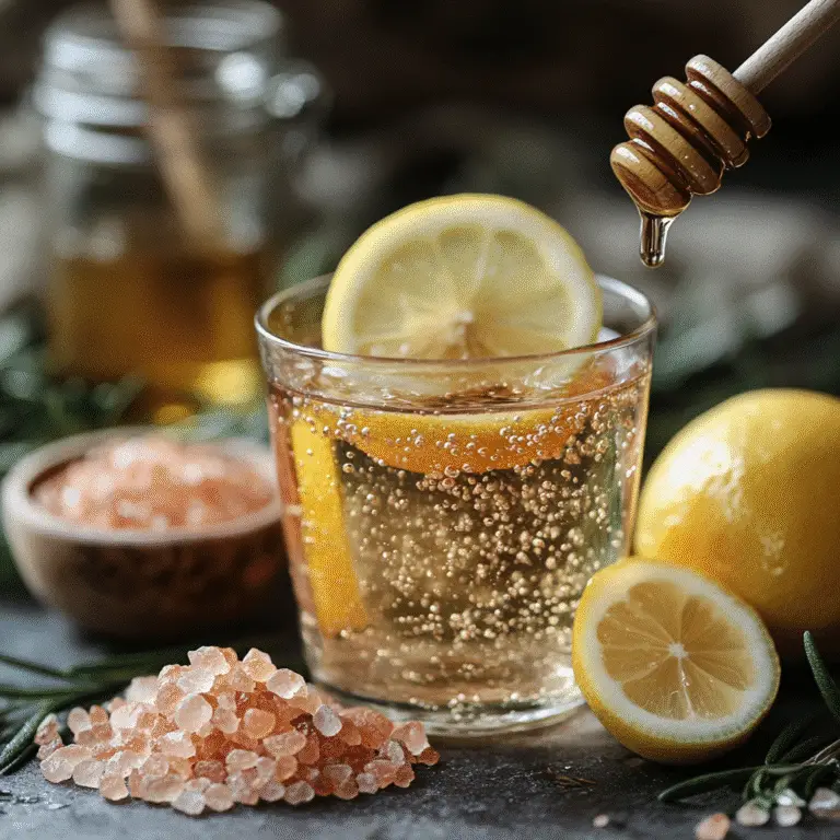 Pink Salt Trick Recipe – A clear tonic with visible pink salt crystals and a slice of ginger floating.