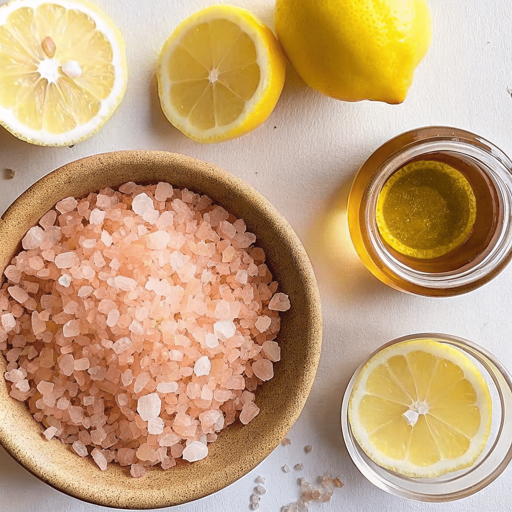 Pink Salt Trick Recipe – Prepped mason jar drink with pink salt, honey, and turmeric on the side.