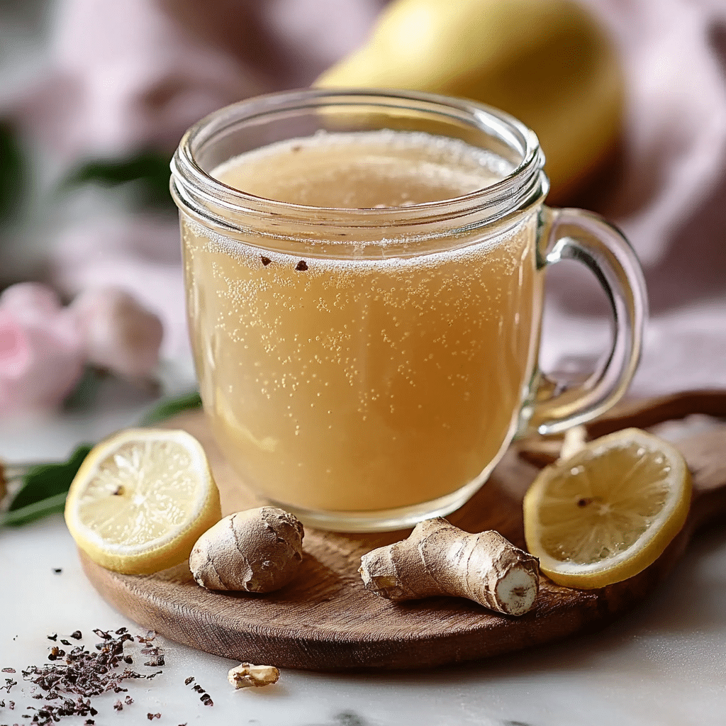 Natural Zepbound Recipe – Glass of warm lemon-ginger tonic beside sliced ginger and pink salt.