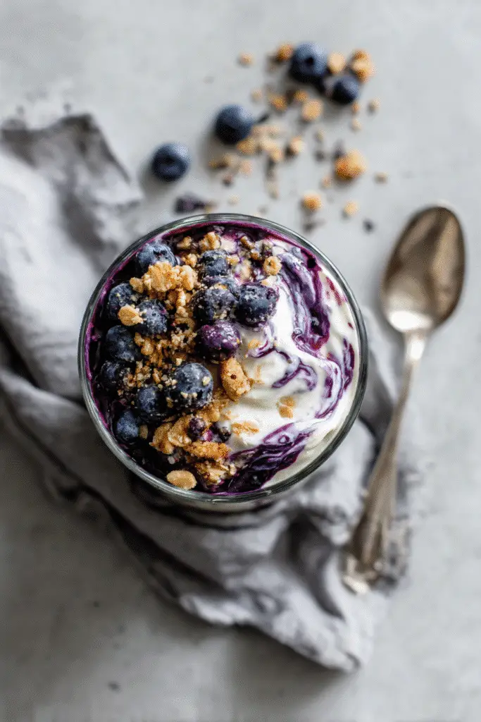High protein blueberry overnight oats with banana topping