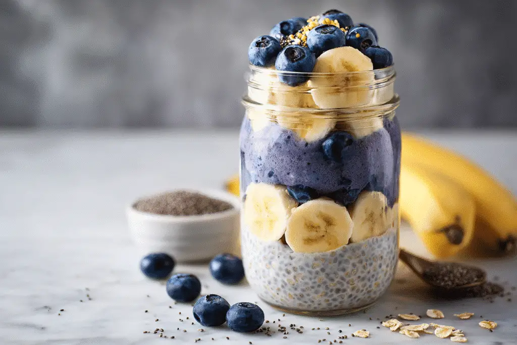 Blueberry banana overnight oats in a mason jar breakfast recipe