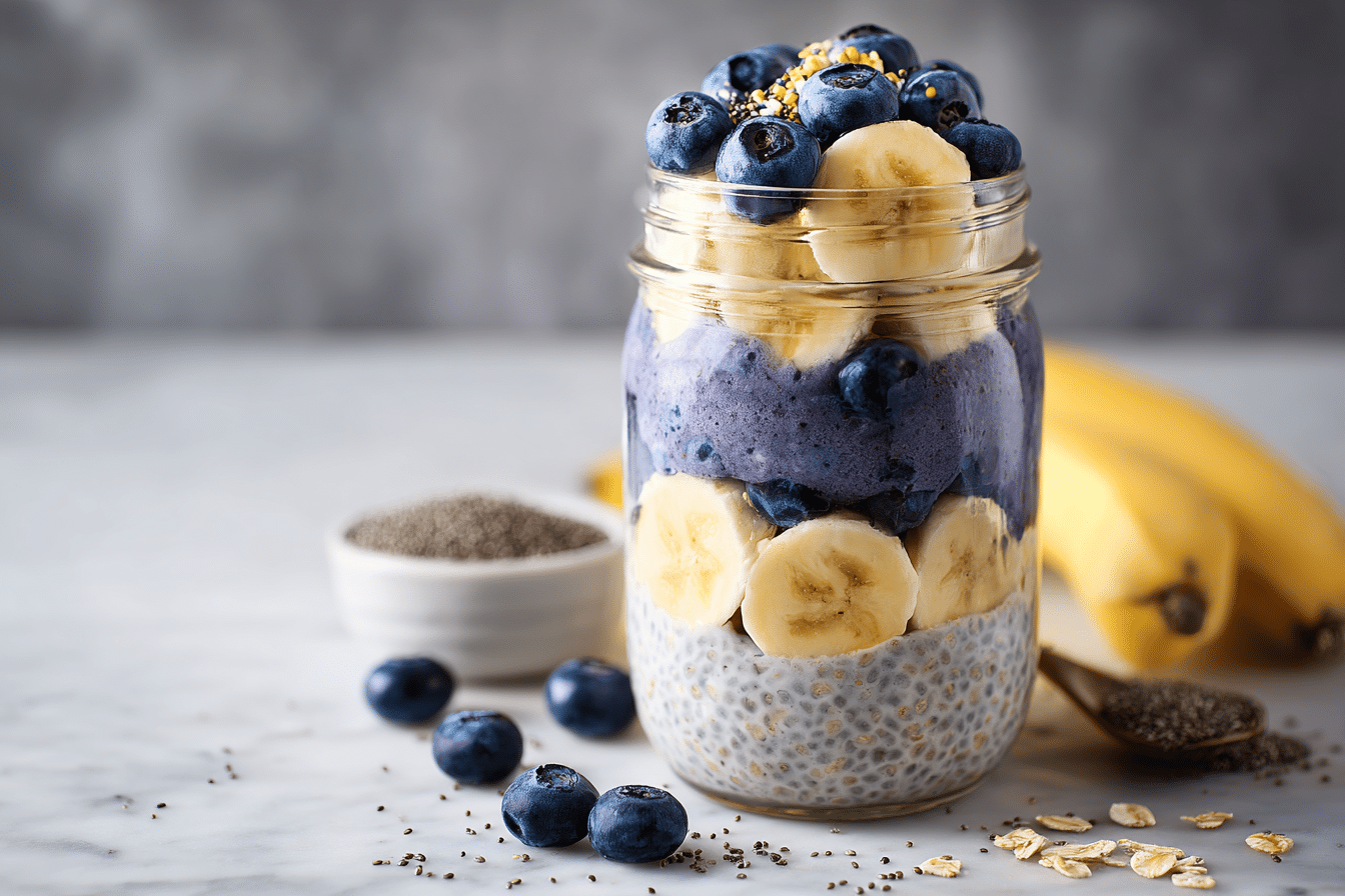 Blueberry banana overnight oats in a mason jar breakfast recipe
