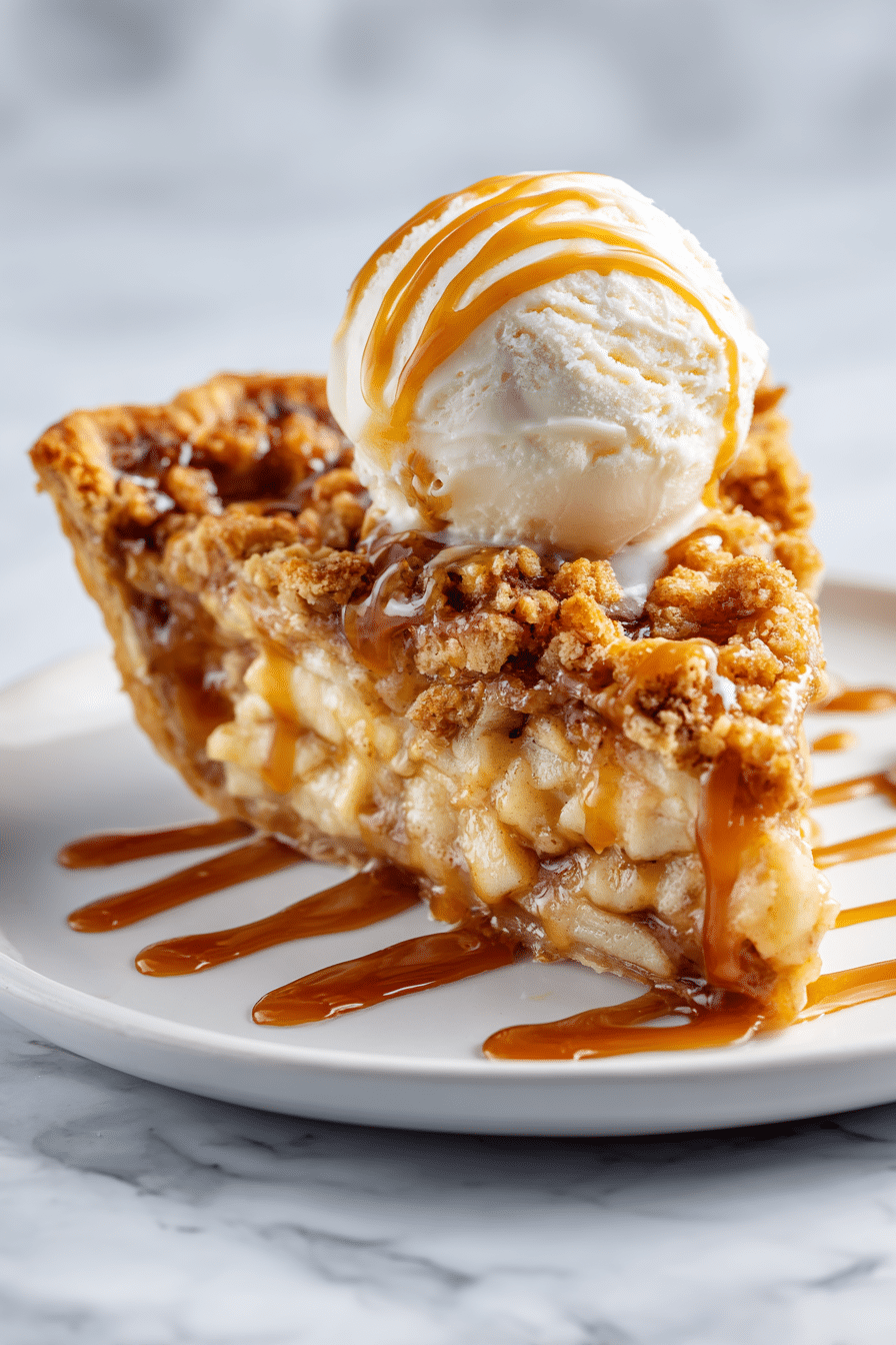 Slice of Twice-Baked Costco Pie with vanilla ice cream and caramel drizzle