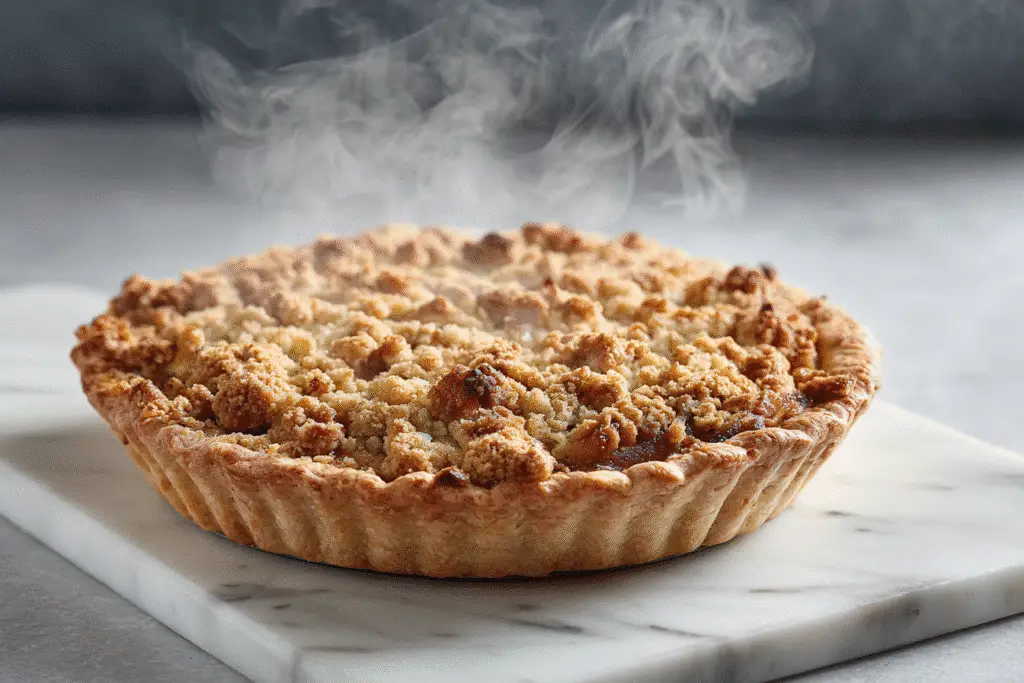 Costco twice-baked pie in a white ceramic dish with golden crumble