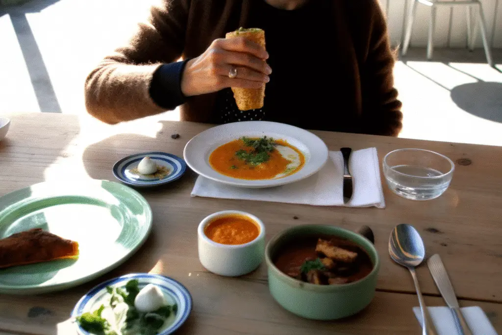 Person seasoning a bowl of vegetable soup and salad, a perfect fibermaxxing meal.