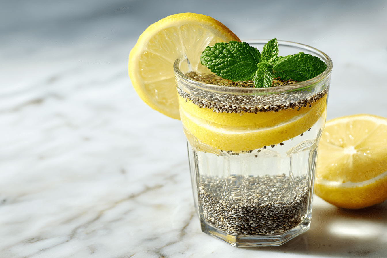 Top view of ginger water with chia seeds for weight loss