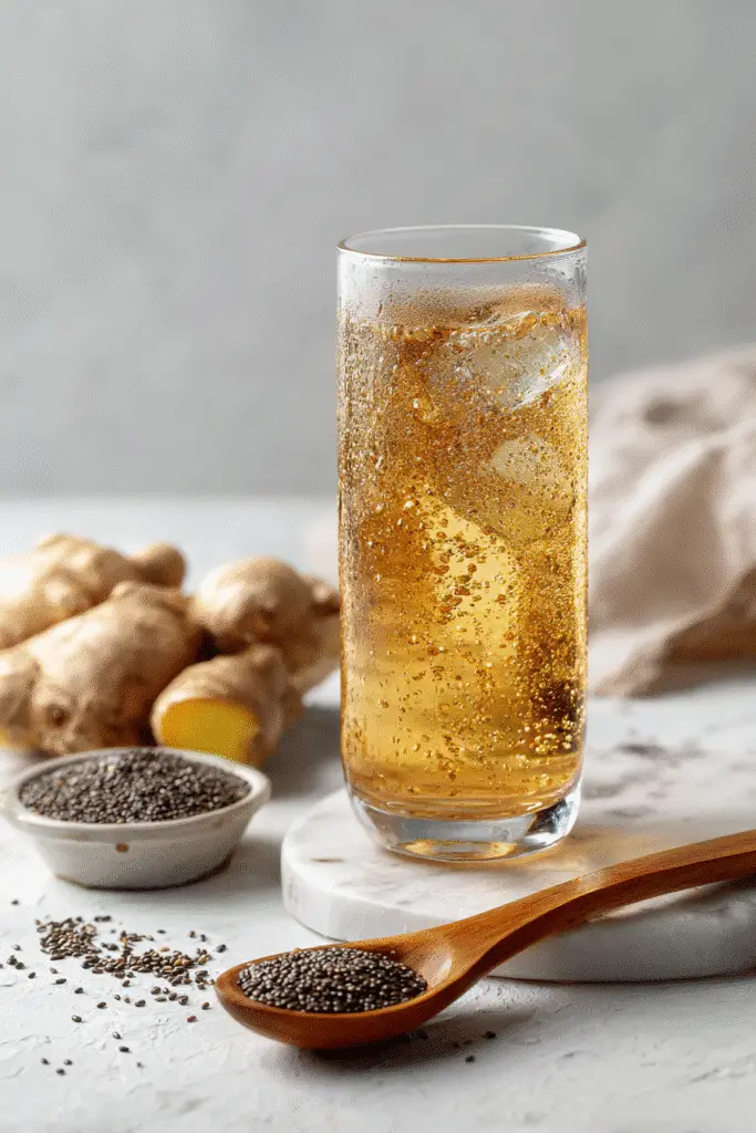 Ginger water with chia seeds served as a breakfast wellness drink
