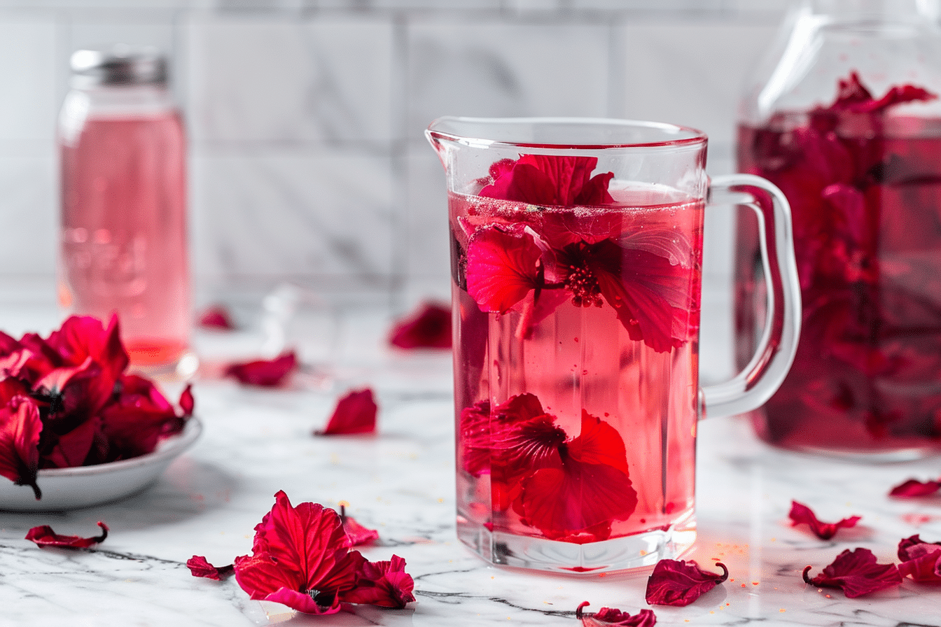 Hibiscus water benefits in a glass pitcher with fresh petals