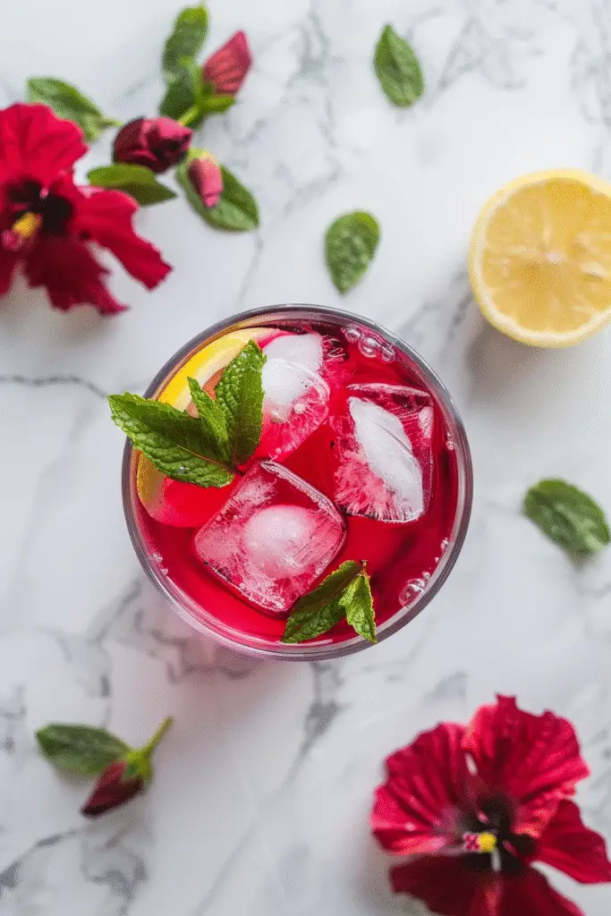 Hibiscus water being poured into a glass