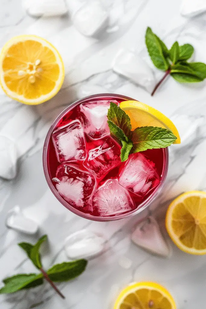 Top view of hibiscus water with lemon and mint