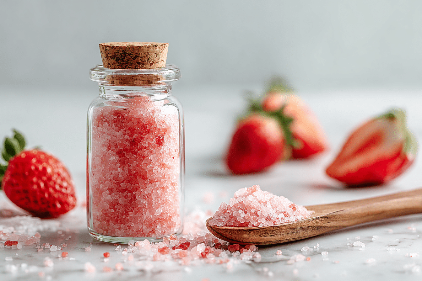 Pink coarse Koyo Berry Salt in a glass jar and wooden scoop, surrounded by fresh strawberries on a marble surface.