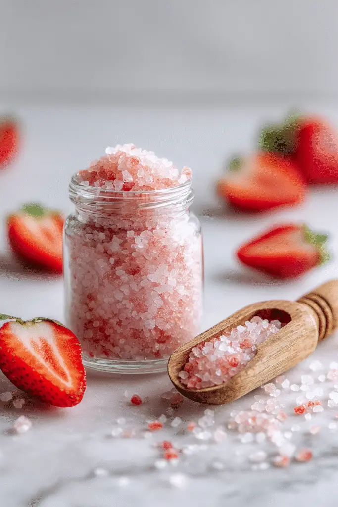 A glass jar filled with pink Koyo Berry Salt surrounded by fresh strawberries and a wooden scoop on a marble surface.