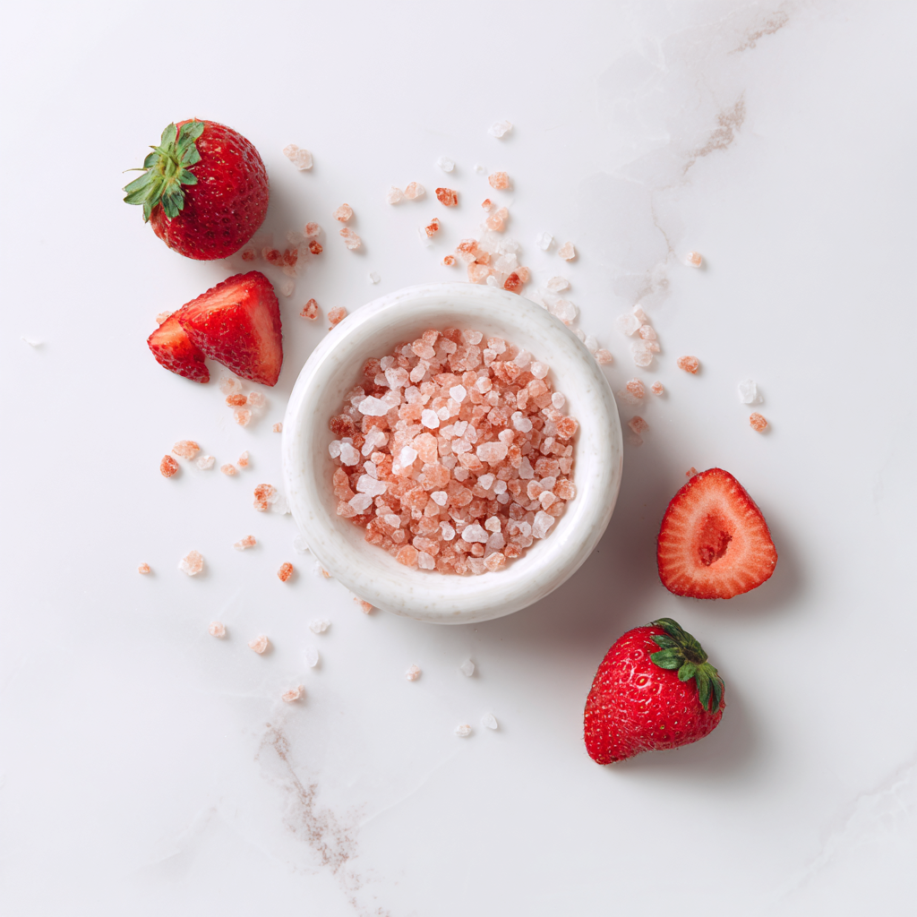 Koyo Berry Salt in a clear jar and wooden scoop, with fresh strawberries on a marble background.