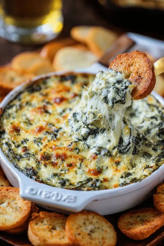 Cheesy, creamy Olive Garden Spinach Artichoke Dip being scooped up with a crispy cracker from a baked dish.
