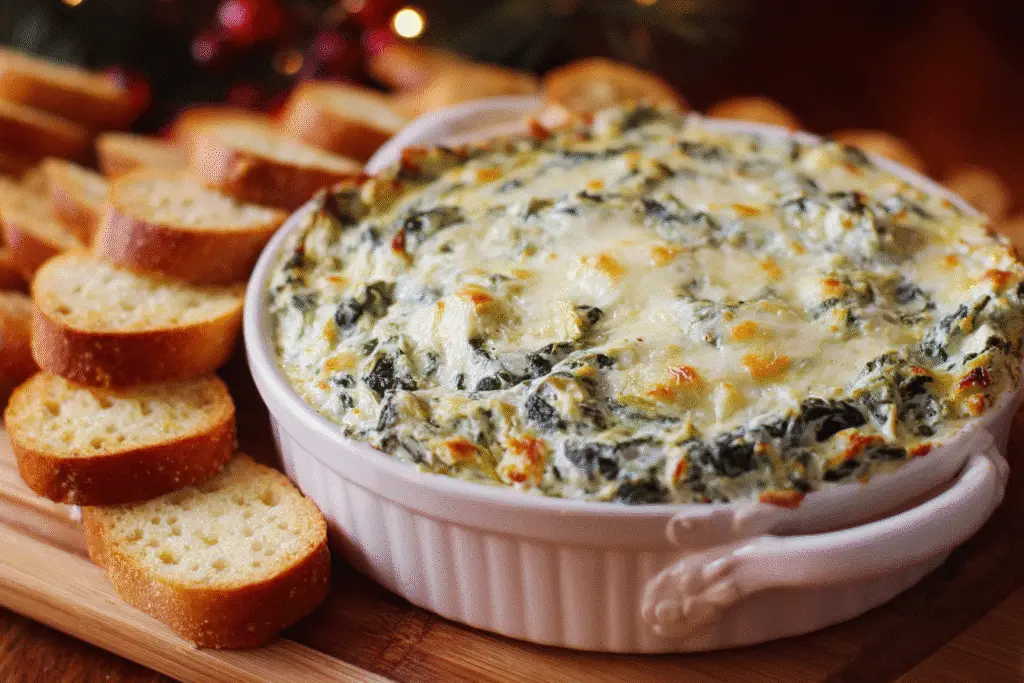 Close-up of a crispy cracker dipping into creamy Olive Garden Spinach Artichoke Dip Copycat served in a green-trimmed baking dish.