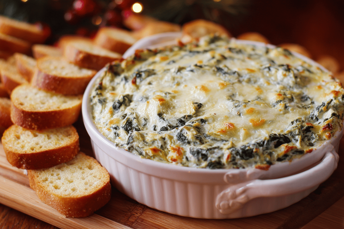 Close-up of a crispy cracker dipping into creamy Olive Garden Spinach Artichoke Dip Copycat served in a green-trimmed baking dish.