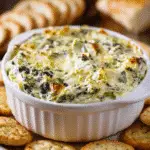 Close-up of a crispy cracker dipping into creamy Olive Garden Spinach Artichoke Dip Copycat served in a green-trimmed baking dish.