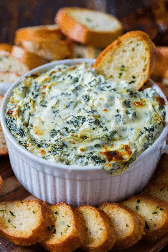 Golden cracker scooping a generous portion of hot, cheesy Olive Garden Spinach Artichoke Dip from a casserole dish.