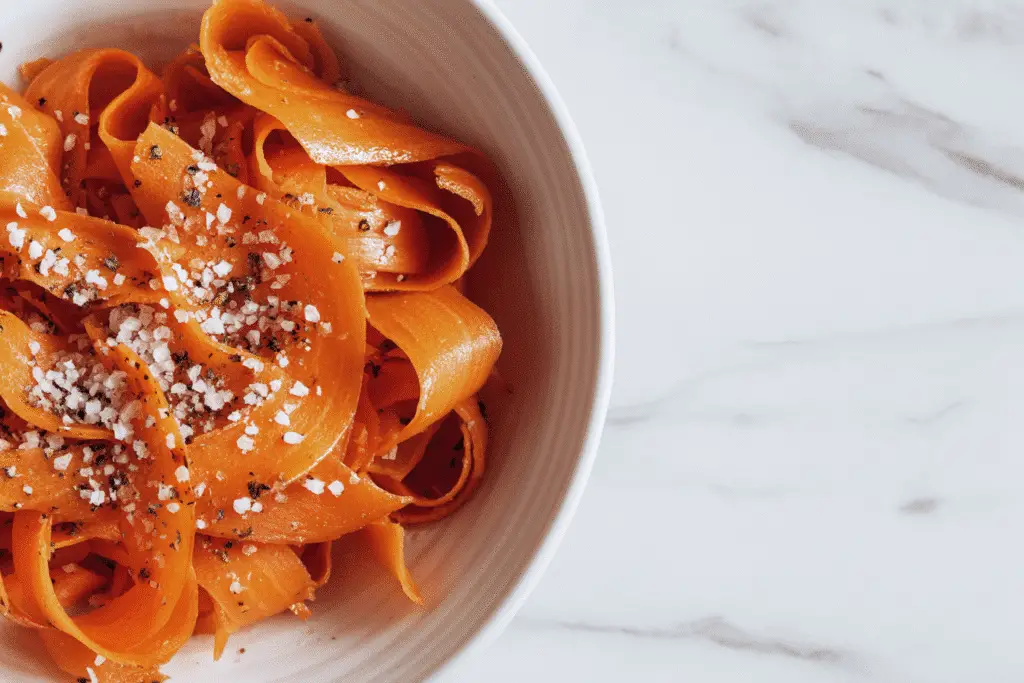 Ribbon Carrot Salad with fresh herbs and sesame seeds served on a grey plate.