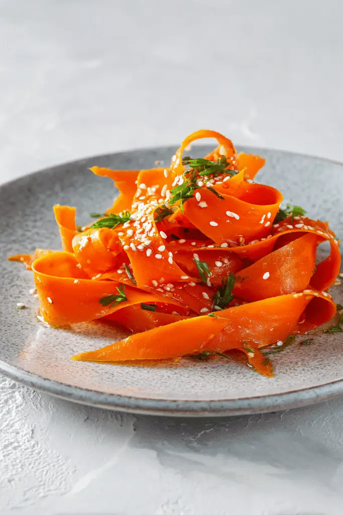 Fresh Ribbon Carrot Salad with sesame seeds and herbs on a ceramic plate.