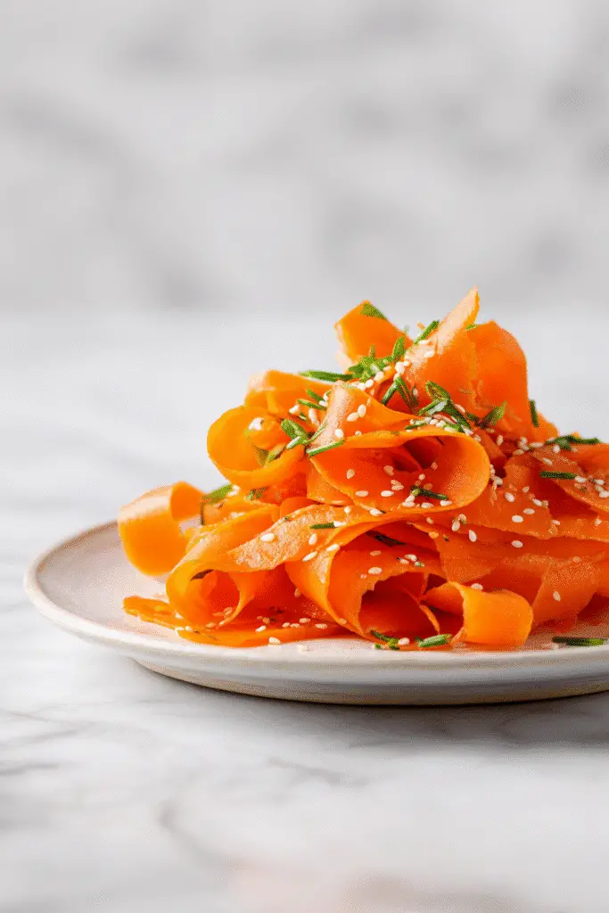 Ribbon Carrot Salad with sesame seeds and herbs served on a ceramic plate.