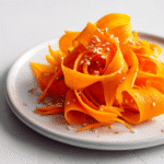 Ribbon Carrot Salad with fresh herbs and sesame seeds on a grey ceramic plate.