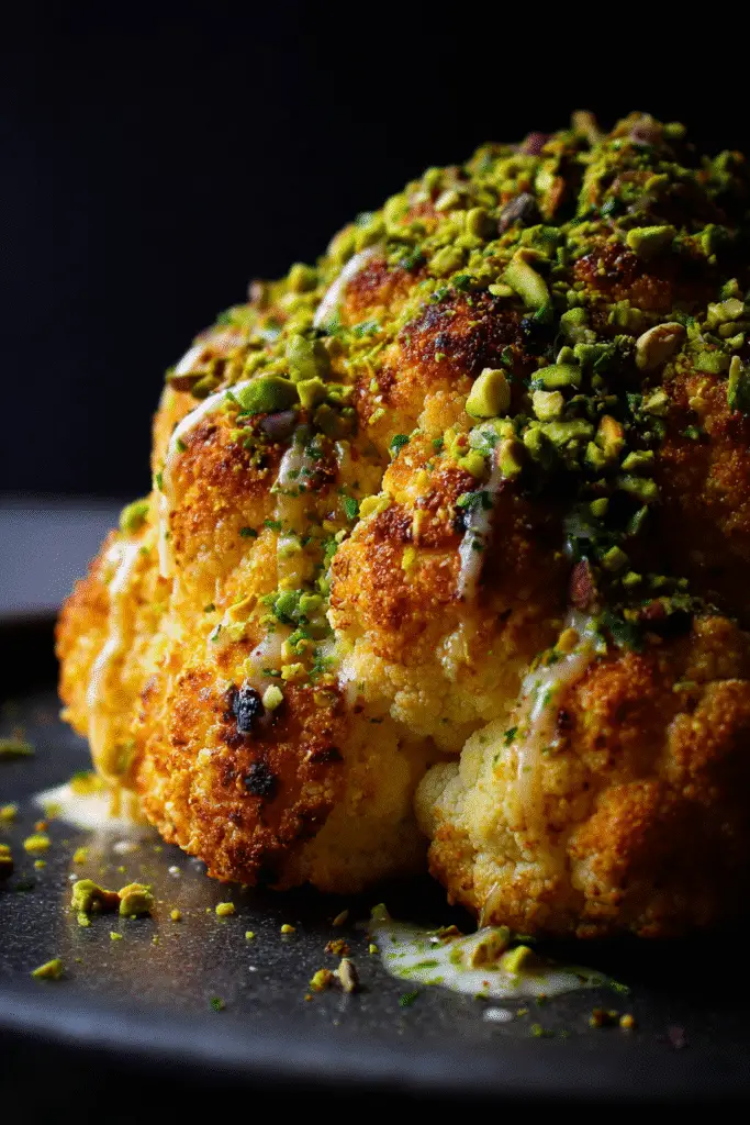 Whole Roasted Cauliflower served with tahini sauce, herbs, and pistachios on a plate.