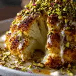 Whole Roasted Cauliflower drizzled with tahini sauce and garnished with herbs and pistachios.