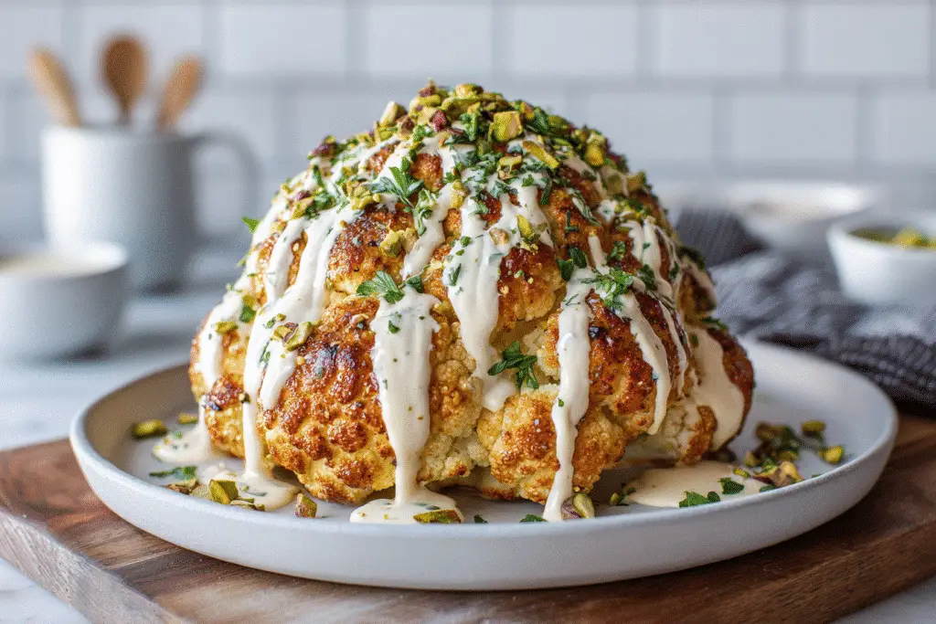 Whole Roasted Cauliflower topped with tahini sauce, fresh parsley, and crunchy pistachios.