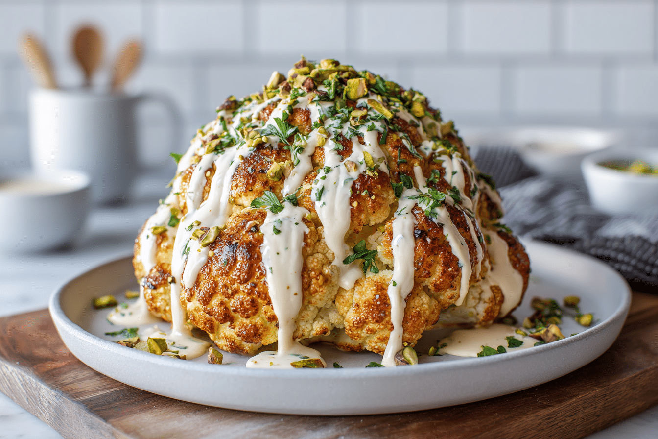 Whole Roasted Cauliflower topped with tahini sauce, fresh parsley, and crunchy pistachios.