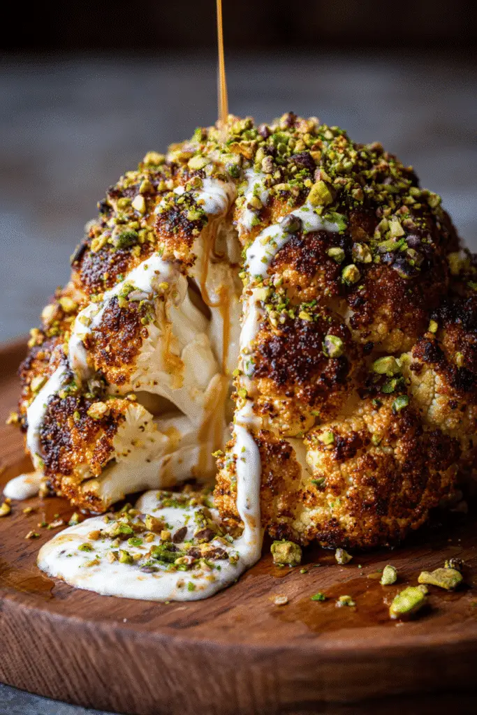 Whole Roasted Cauliflower topped with creamy tahini sauce, fresh herbs, and chopped pistachios on a serving plate.